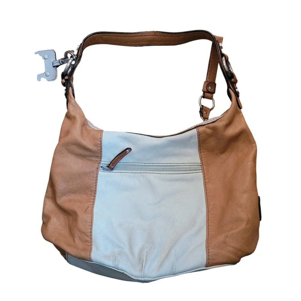Tignanello‎ Leather Colorblock Hobo Shoulder Bag Purse Y2K Tan Cream Striped Vtg